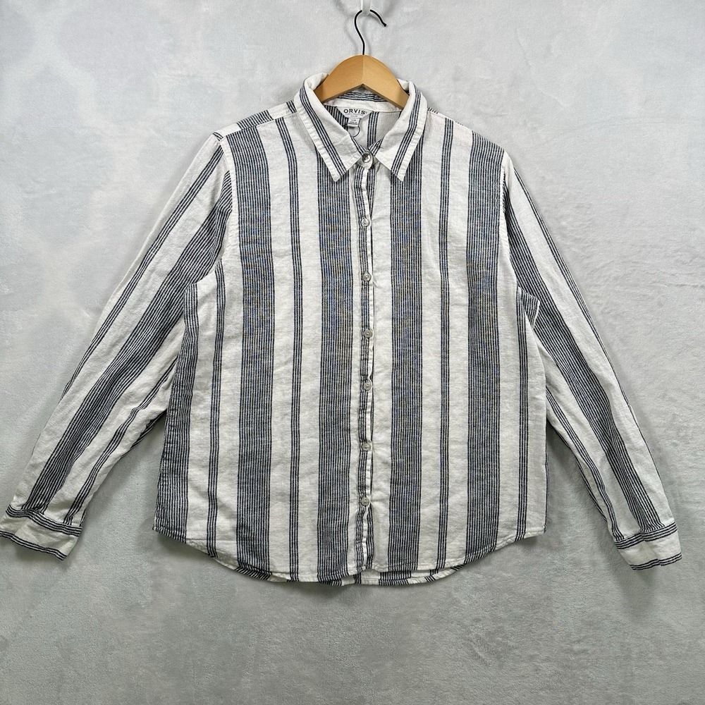 Orvis Womens White Striped Linen Blend Button Up Blouse Size Large Beach Coastal